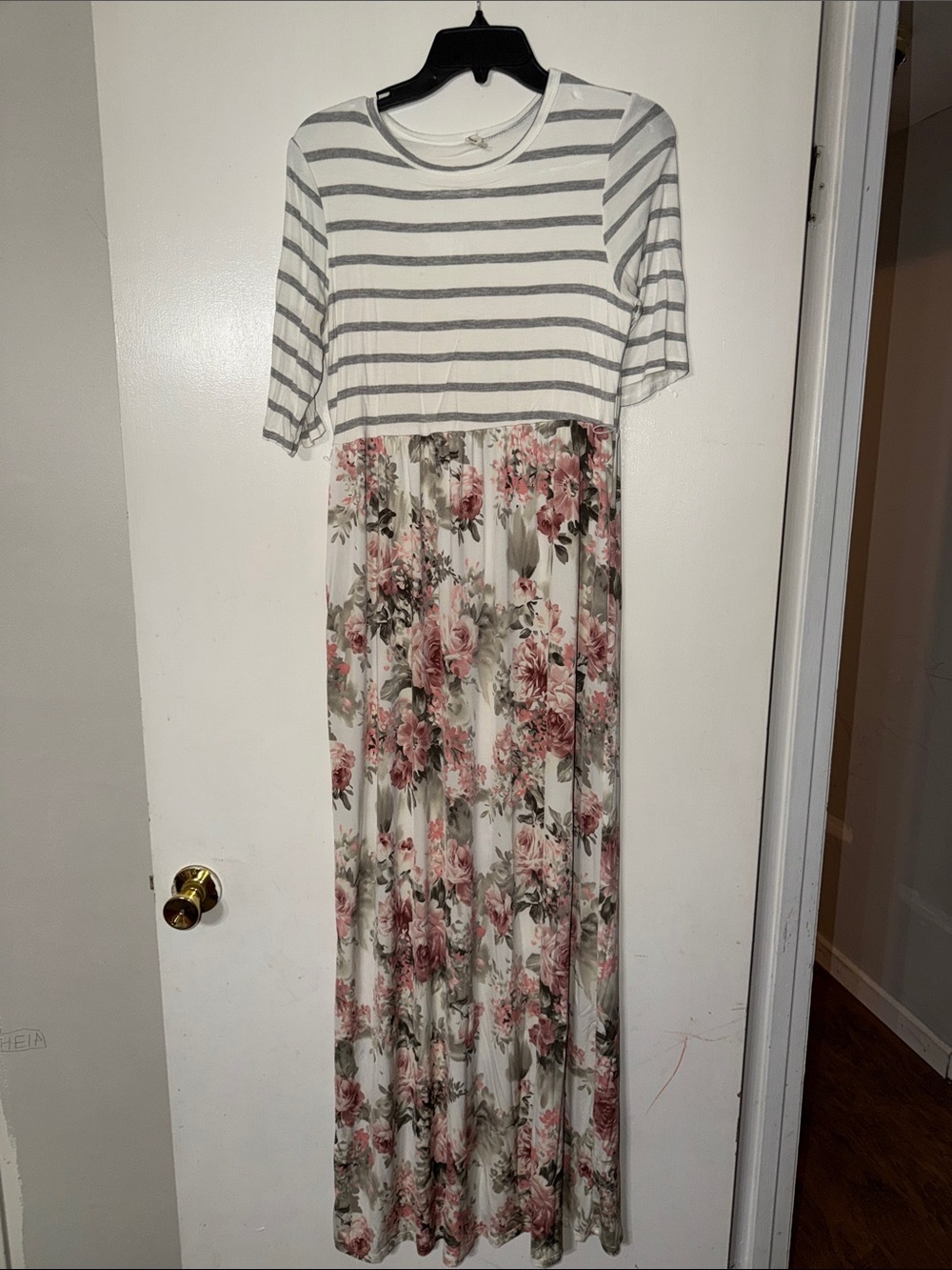Striped Top Floral Maxi Dress - White, Gray & Blush Floral